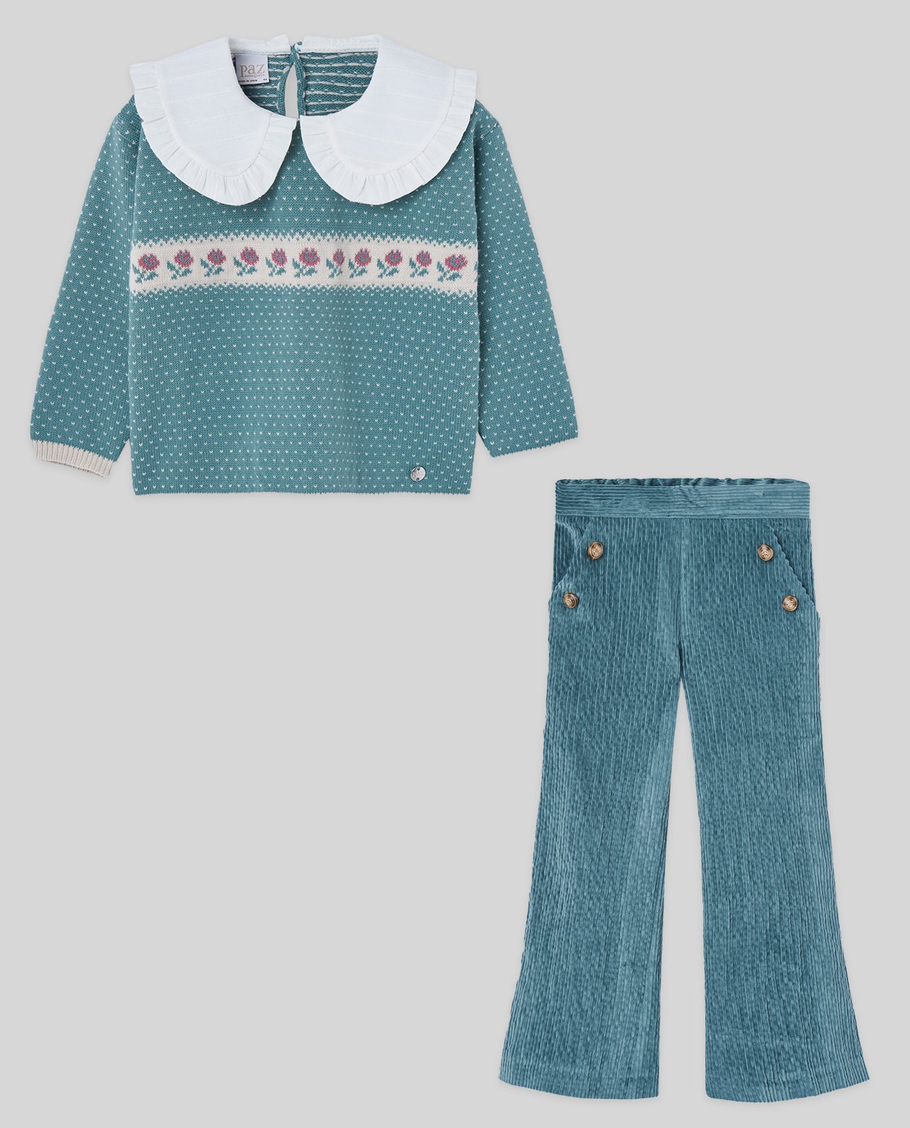 SET KNIT INFANT GIRL SWEATER 014-102985 + WOVEN TROUSERS 007-152981 POMPON